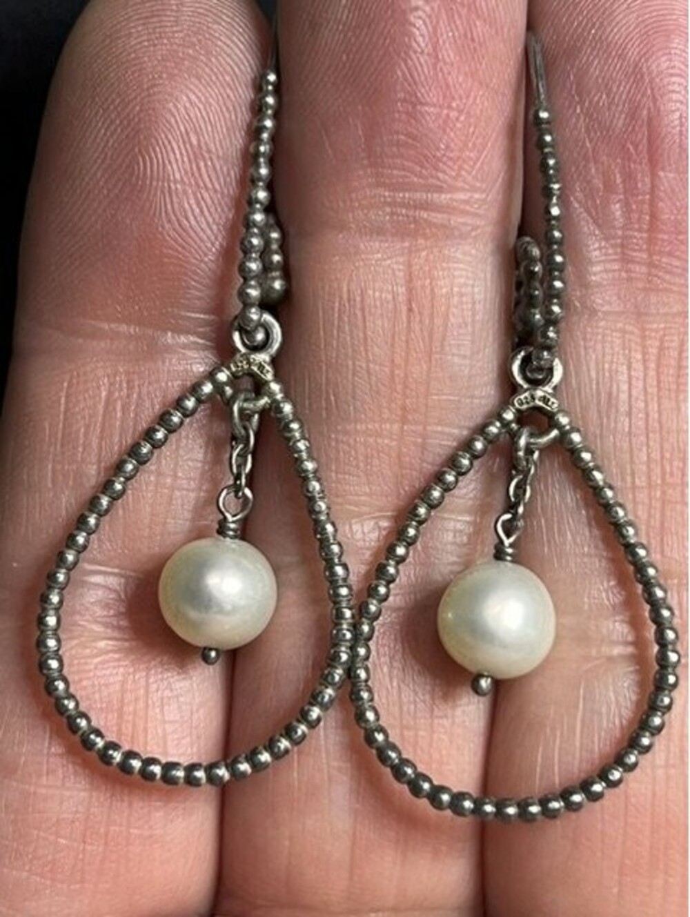 B6520 Vintage Pandora Sterling Silver ALE 925 Teardrop Earrings 2" White Pearl